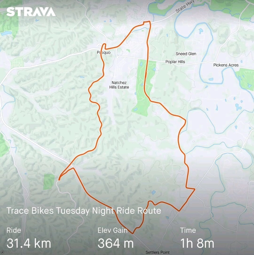 Trace Bikes Tuesday Night Ride Route